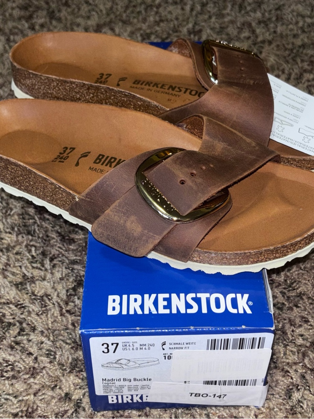 New Birkenstock Madrid Big Buckle Cognac Exquisite Narrow 37 Women’s 6